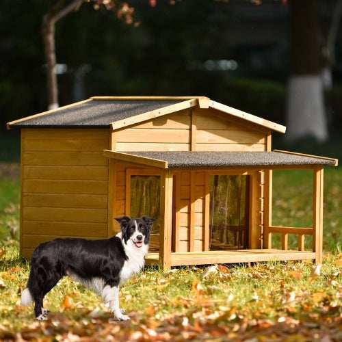 CJ wooden Outdoor Hut Style Kennel with covered porch on grass in backyard with a black and white border collie