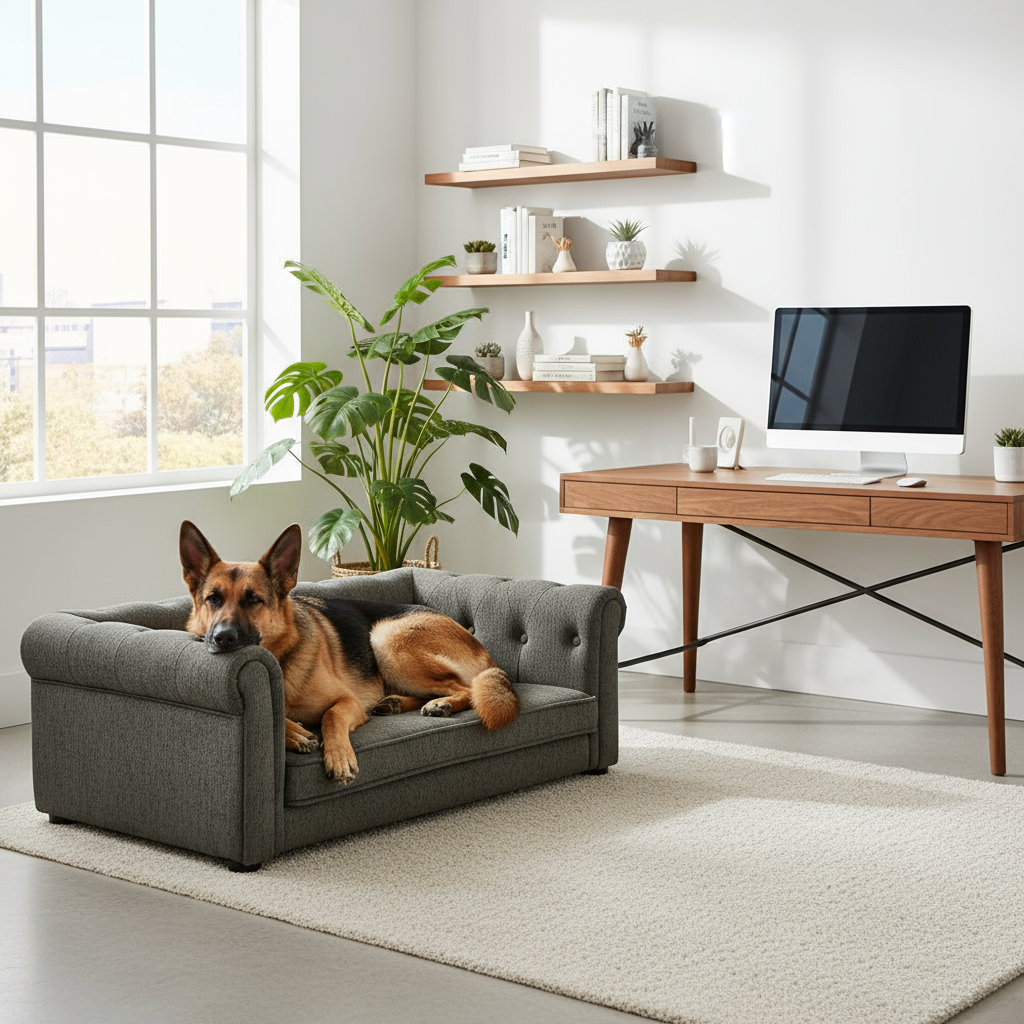 German Shepherd resting on dog sofa bed in home office