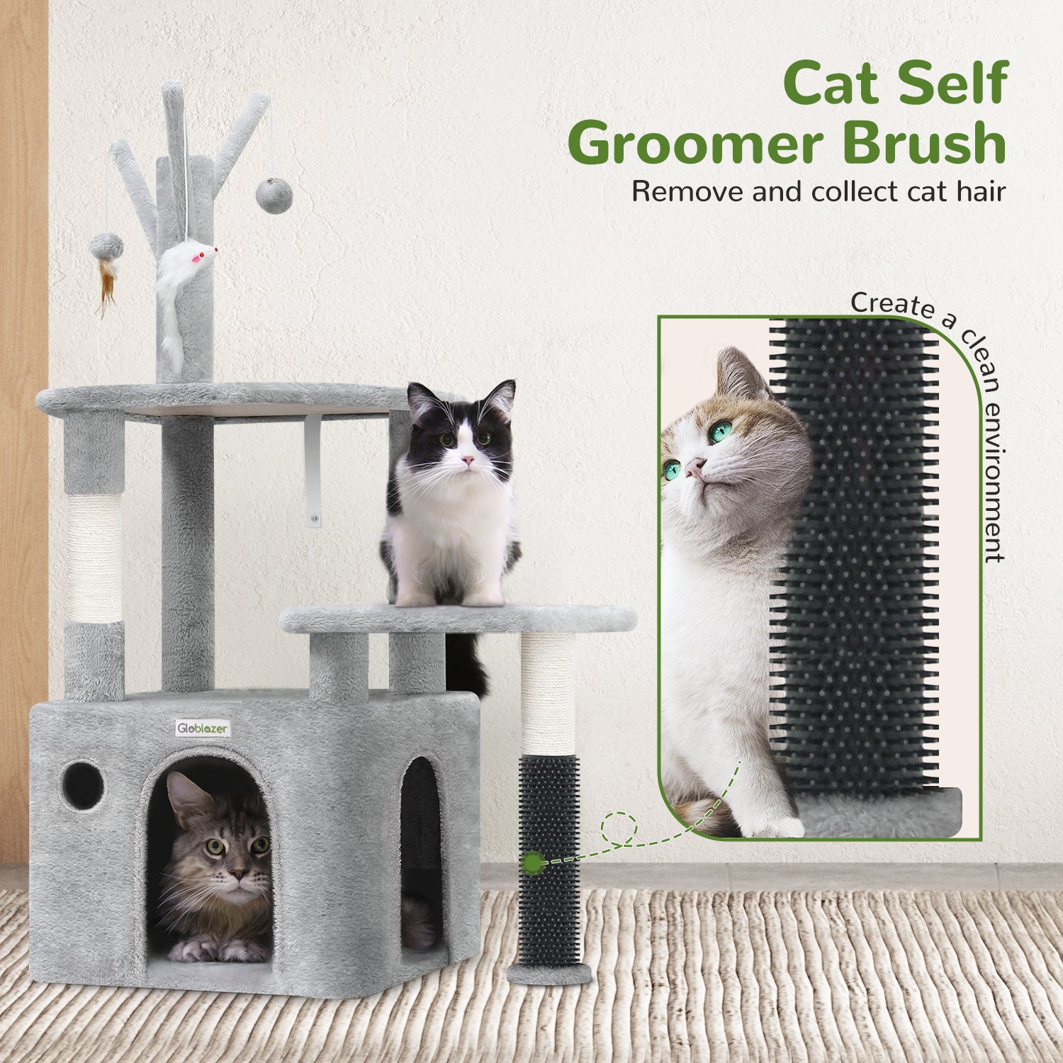 Wefulfil Grey Cat Tree Tower with multiple platforms and self groomer brush for cats