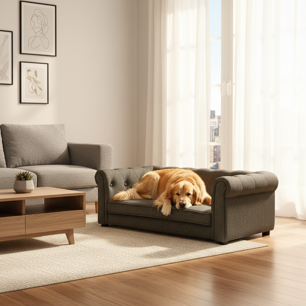 Golden Retriever on dark grey elevated dog sofa in modern living room