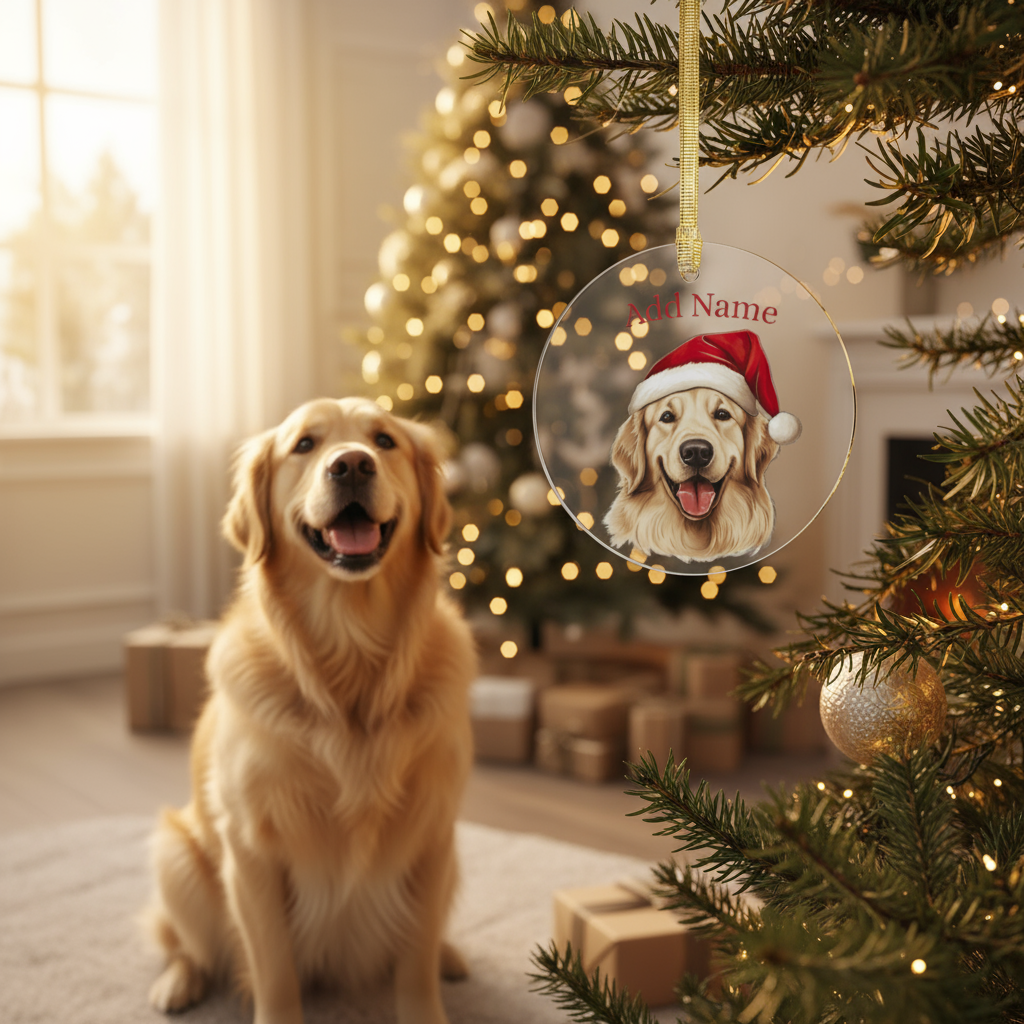 Golden Retriever with Christmas ornament on tree