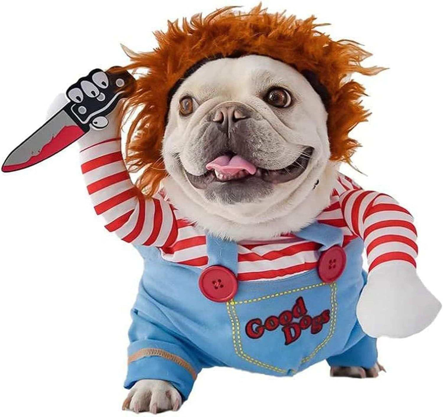 Halloween Pet Costume Chucky style striped shirt and blue overalls with wig and fake knife for small dogs