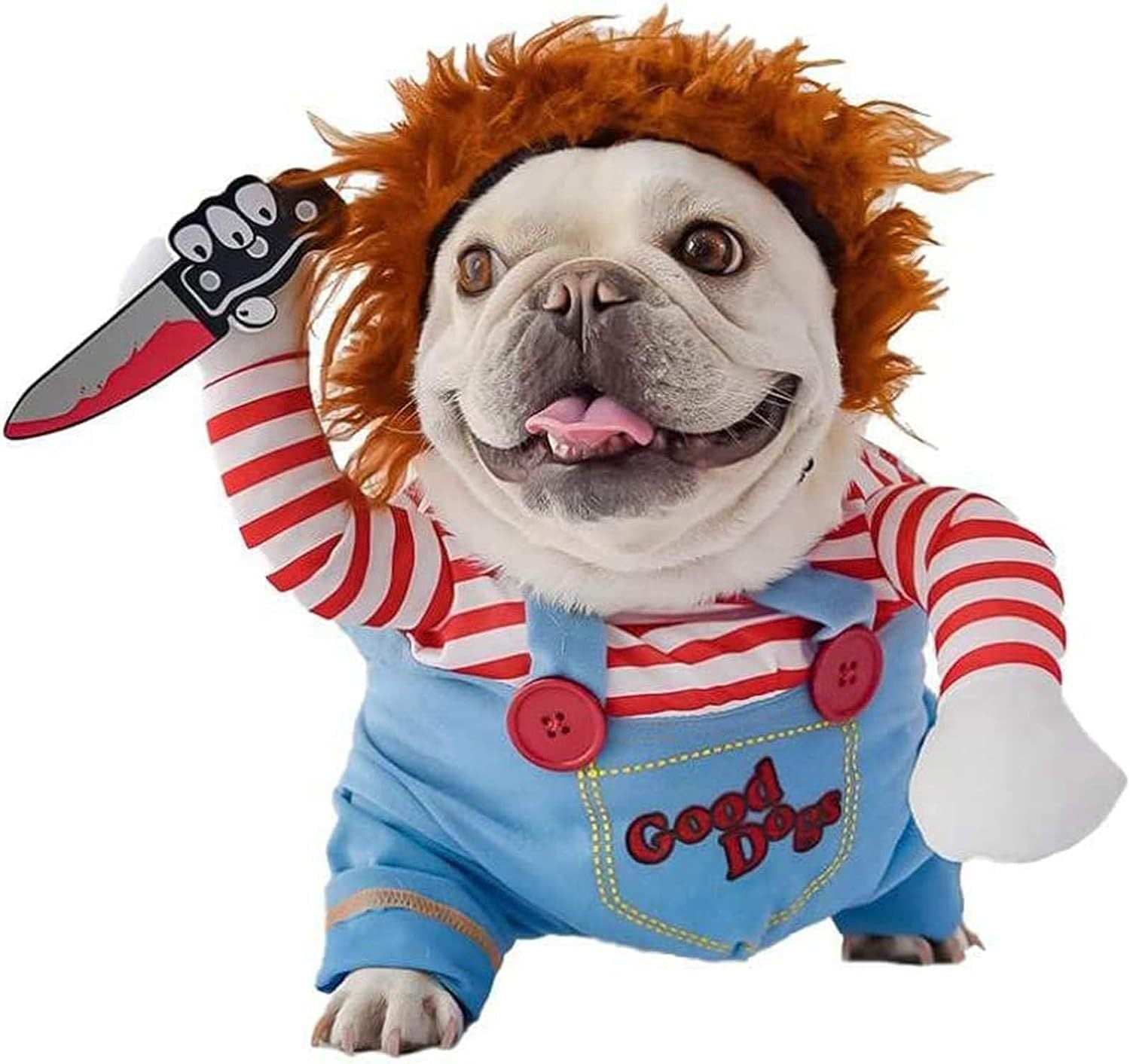 Halloween Pet Costume Chucky style striped shirt and blue overalls with wig and fake knife for small dogs