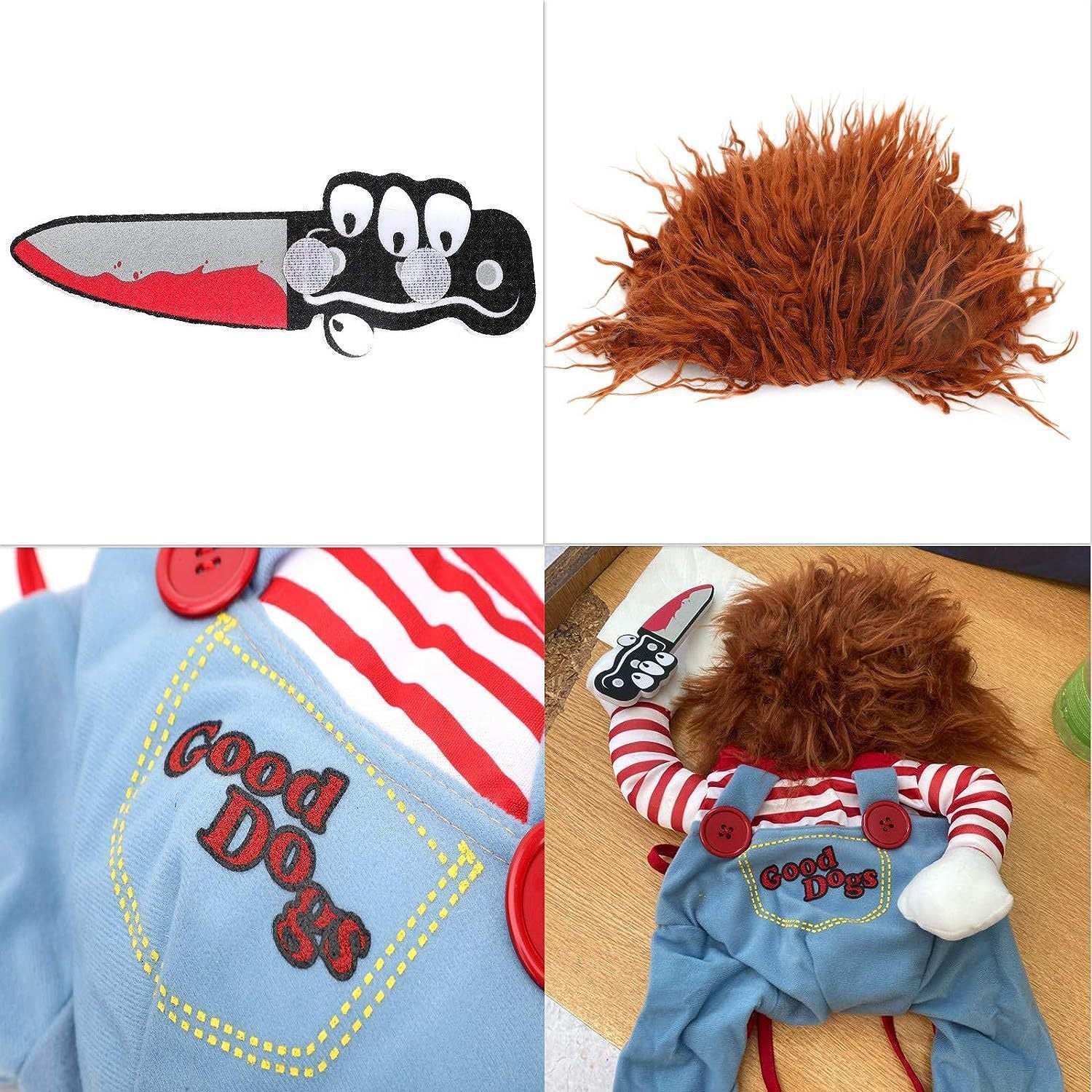 Halloween Pet Costume Chucky doll style outfit with red wig striped shirt blue overalls embroidered Good Dogs and toy knife