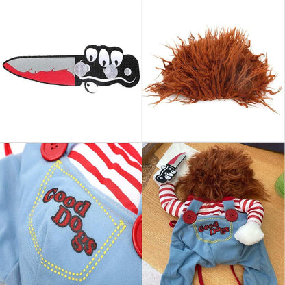 Halloween Pet Costume Chucky doll style outfit with red wig striped shirt blue overalls embroidered Good Dogs and toy knife