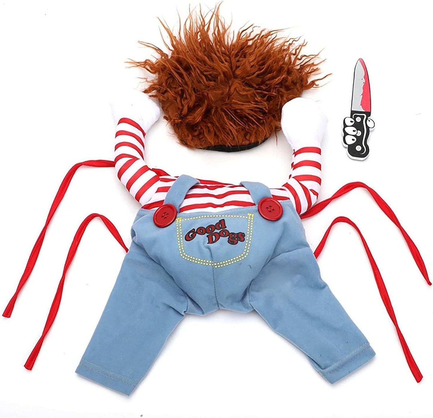 Dropshipman Halloween Pet Costume doll outfit with red striped sleeves blue overall pants Good Dogs patch and brown wig
