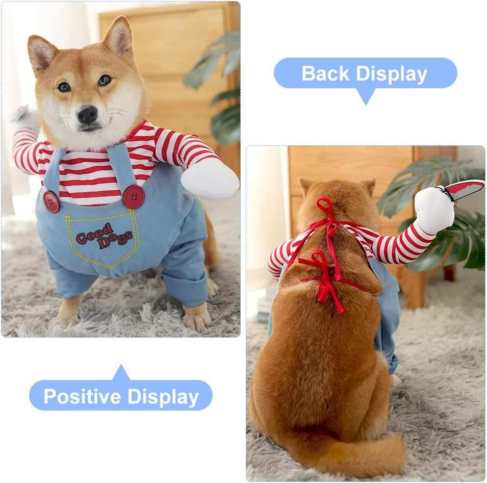 Dropshipman Halloween Pet Costume striped red and white shirt with blue overalls on a Shiba Inu dog