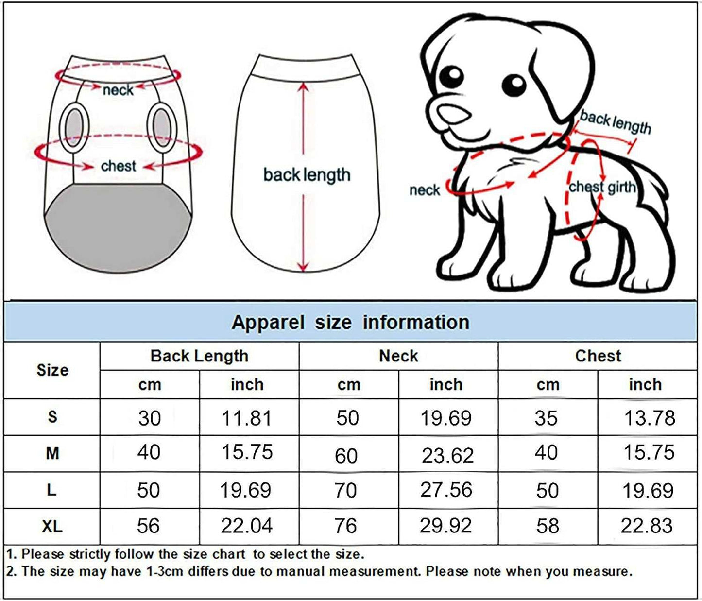 Dropshipman Halloween Pet Costume size chart showing dog back length neck and chest measurements in cm and inches