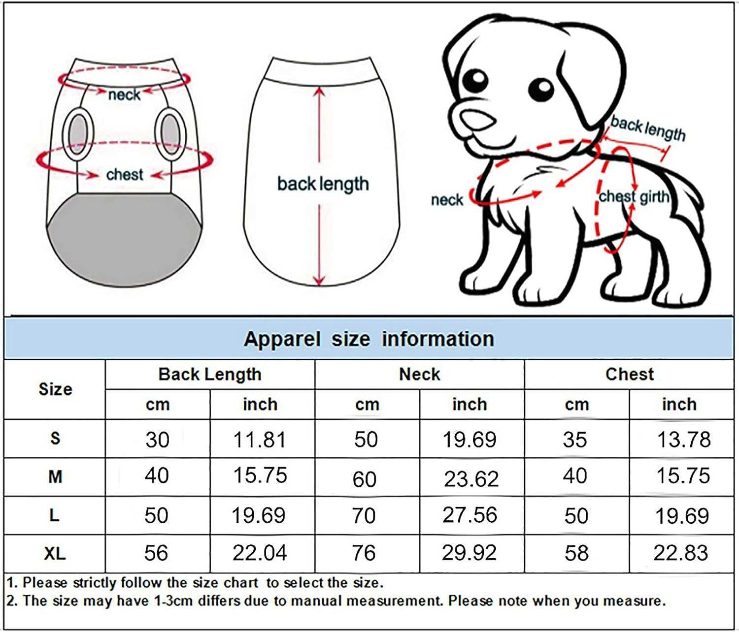 Dropshipman Halloween Pet Costume size chart showing dog back length neck and chest measurements in cm and inches