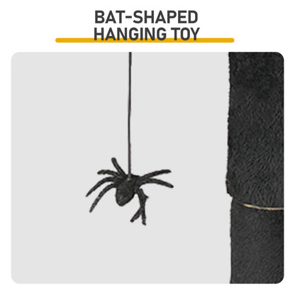 Bat-shaped hanging toy attached to black Gothic Halloween Cat Tower for cat entertainment