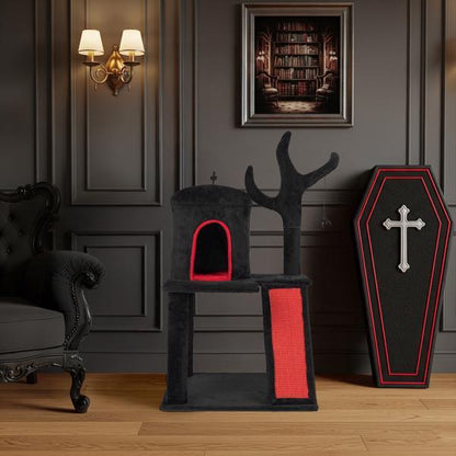 Wefulfil Gothic Halloween Cat Tower in black and red with spooky coffin and dark room decor