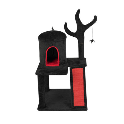 Wefulfil Gothic Halloween Cat Tower in black with red accents and spider toy for cats