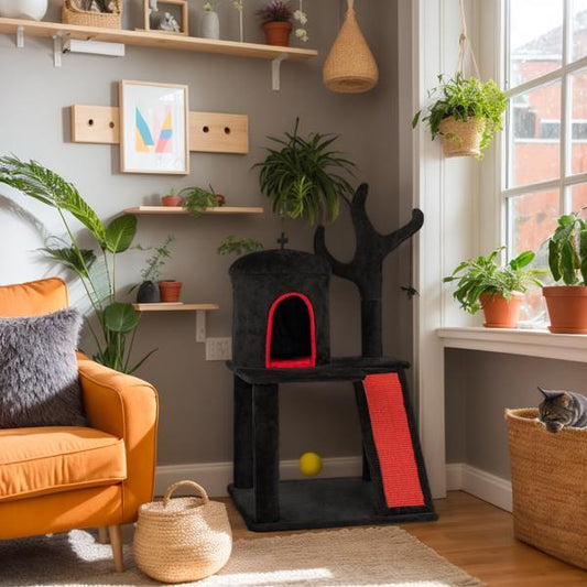 Wefulfil Gothic Halloween Cat Tower in black with red accents in a cozy living room