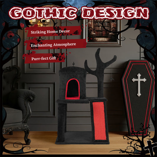 Wefulfil Gothic Halloween Cat Tower in black and red with spooky gothic design for pet supplies