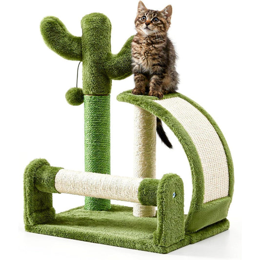 Wefulfil Green Cactus Shape Cat scratching post and climbing toy with a small tabby cat sitting on top