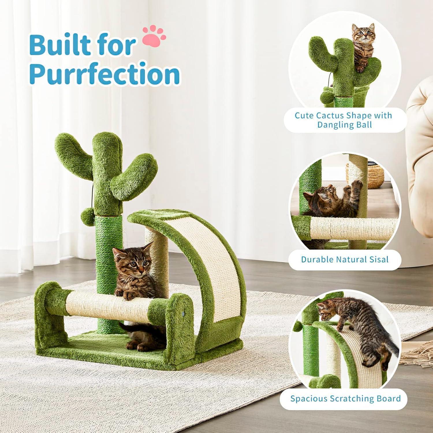 Wefulfil Green Cactus Shape Cat scratching post with sisal, dangling ball, and spacious scratching board for cats
