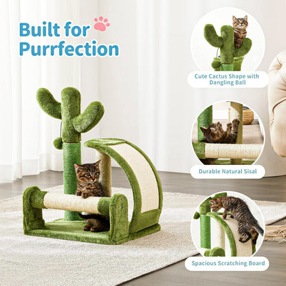 Wefulfil Green Cactus Shape Cat scratching post with sisal, dangling ball, and spacious scratching board for cats