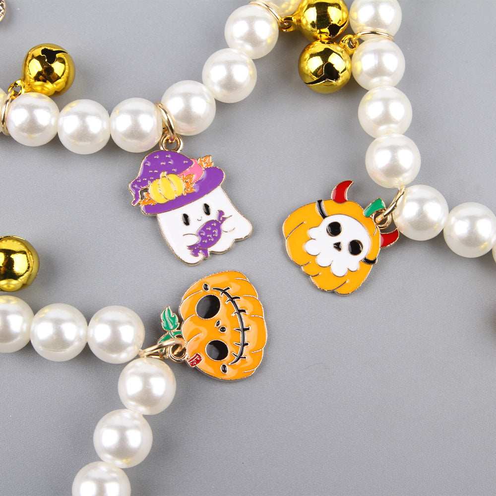 Halloween Cat Collar with Pearl Beads and Colorful Halloween Charms for Festive Felines
