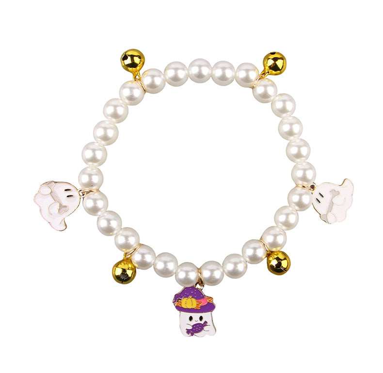 Halloween Cat Collar with Pearl Design and Playful Ghost Charms for Festive Pets