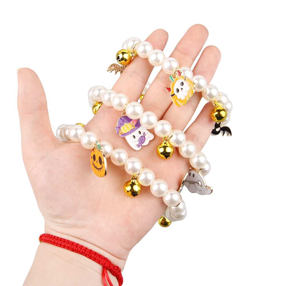Halloween Cat Collar with Pearl Beads and Festive Charms for a Fun Holiday Look