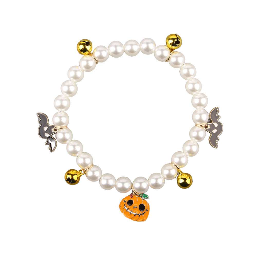 Halloween Cat Collar with Pearl Design and Pumpkin and Bat Charms for Festive Feline Fun