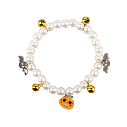 Halloween Cat Collar with Pearl Design and Pumpkin and Bat Charms for Festive Feline Fun