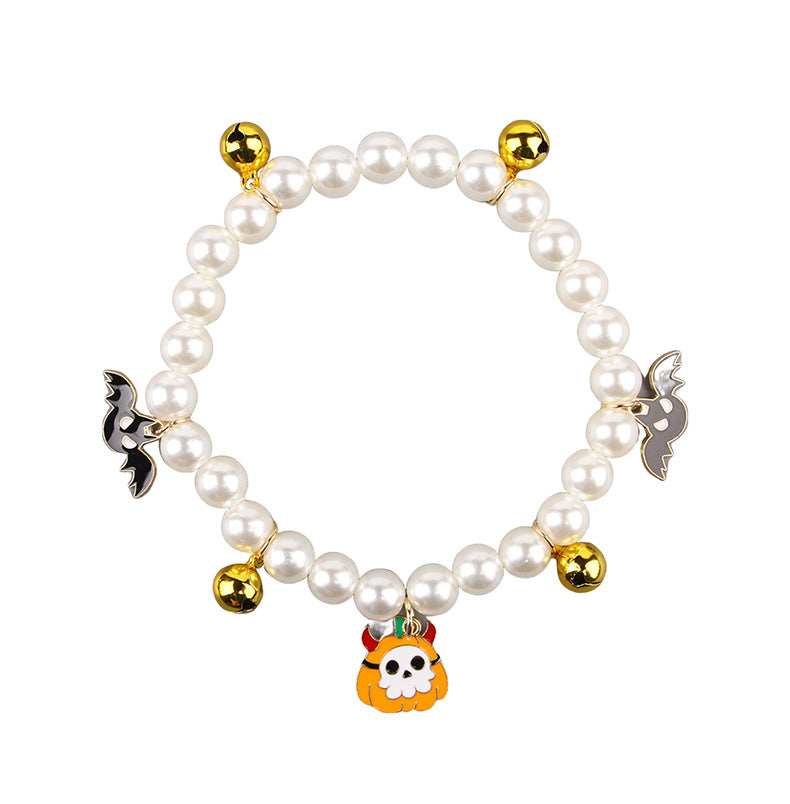 Halloween Cat Collar with Pearl Beads and Halloween-themed Charms for Festive Pets