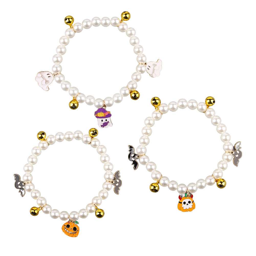 Set of three Halloween Cat Collars with pearl beads and fun spooky charms for festive pet wear