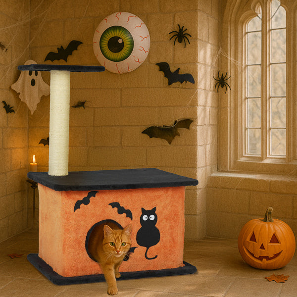 Wefulfil Halloween Cat Tree with orange pumpkin design and spooky bats for pet supplies
