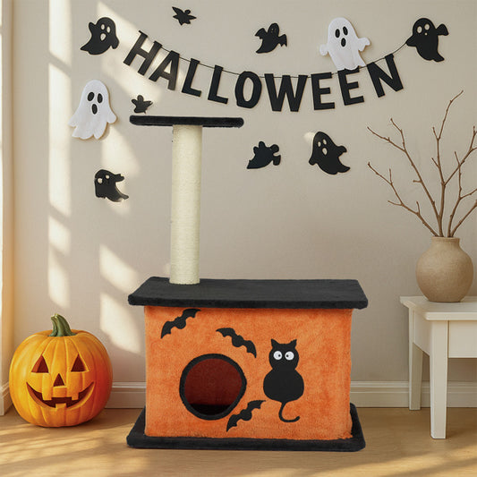 Wefulfil Halloween Cat Tree with orange haunted house design and black bat and cat silhouettes