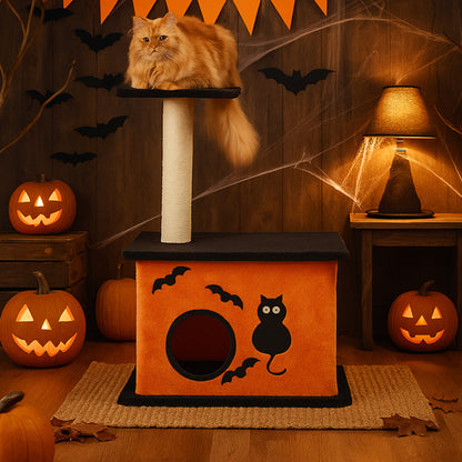 Wefulfil Halloween Cat Tree in orange and black with cat silhouette and bats surrounded by pumpkins and Halloween decor