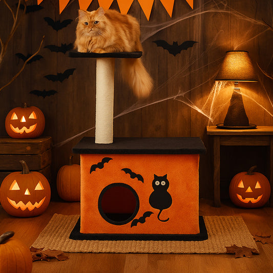 Wefulfil Halloween Cat Tree in orange and black with cat silhouette and bats surrounded by pumpkins and Halloween decor