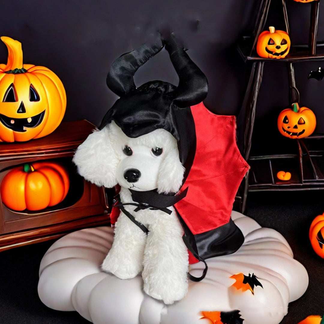 Adorable dog in a Halloween Pet Costume featuring a red cape and black horns, surrounded by Halloween decor