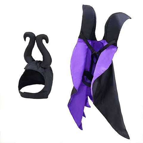 Halloween Pet Costume featuring a black and purple cape with horned headpiece for pets