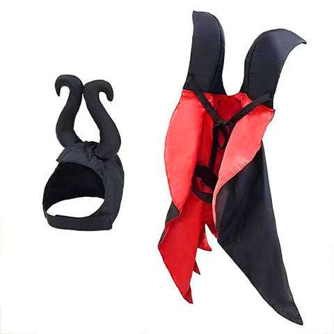 Halloween Pet Costume featuring a black and red cape with horned headpiece for pets