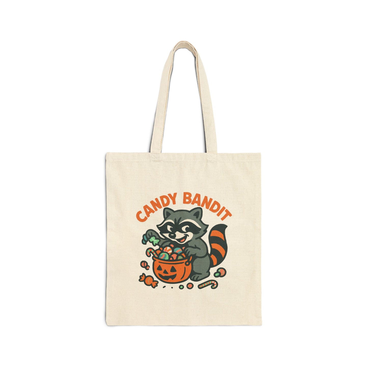 Printify Canvas Tote Bag natural cotton with Candy Bandit raccoon Halloween print holding pumpkin candy pail