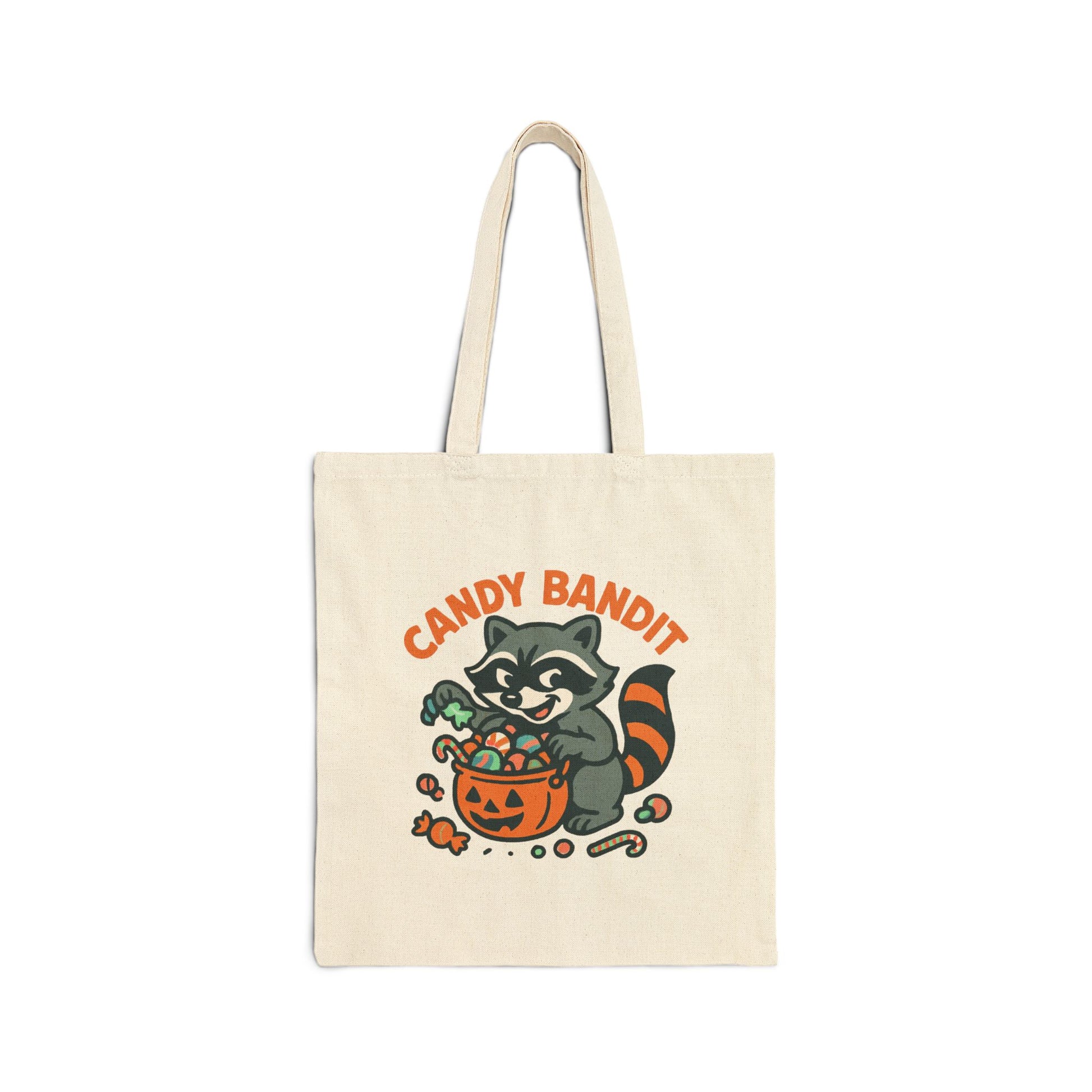 Printify Canvas Tote Bag natural cotton with Candy Bandit raccoon Halloween print holding pumpkin candy pail