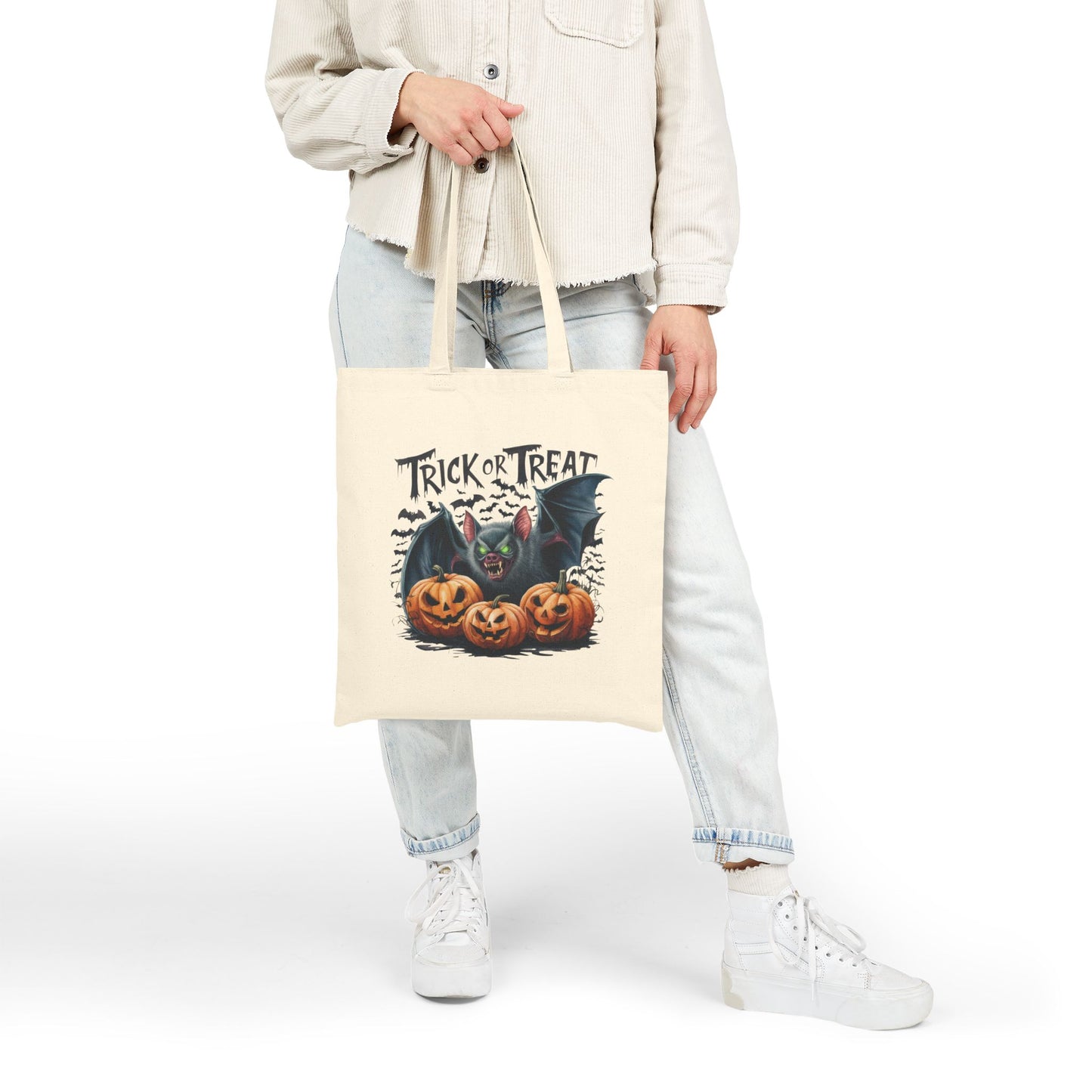 Printify Canvas Tote Bag with Halloween Trick or Treat design featuring bat and carved pumpkins