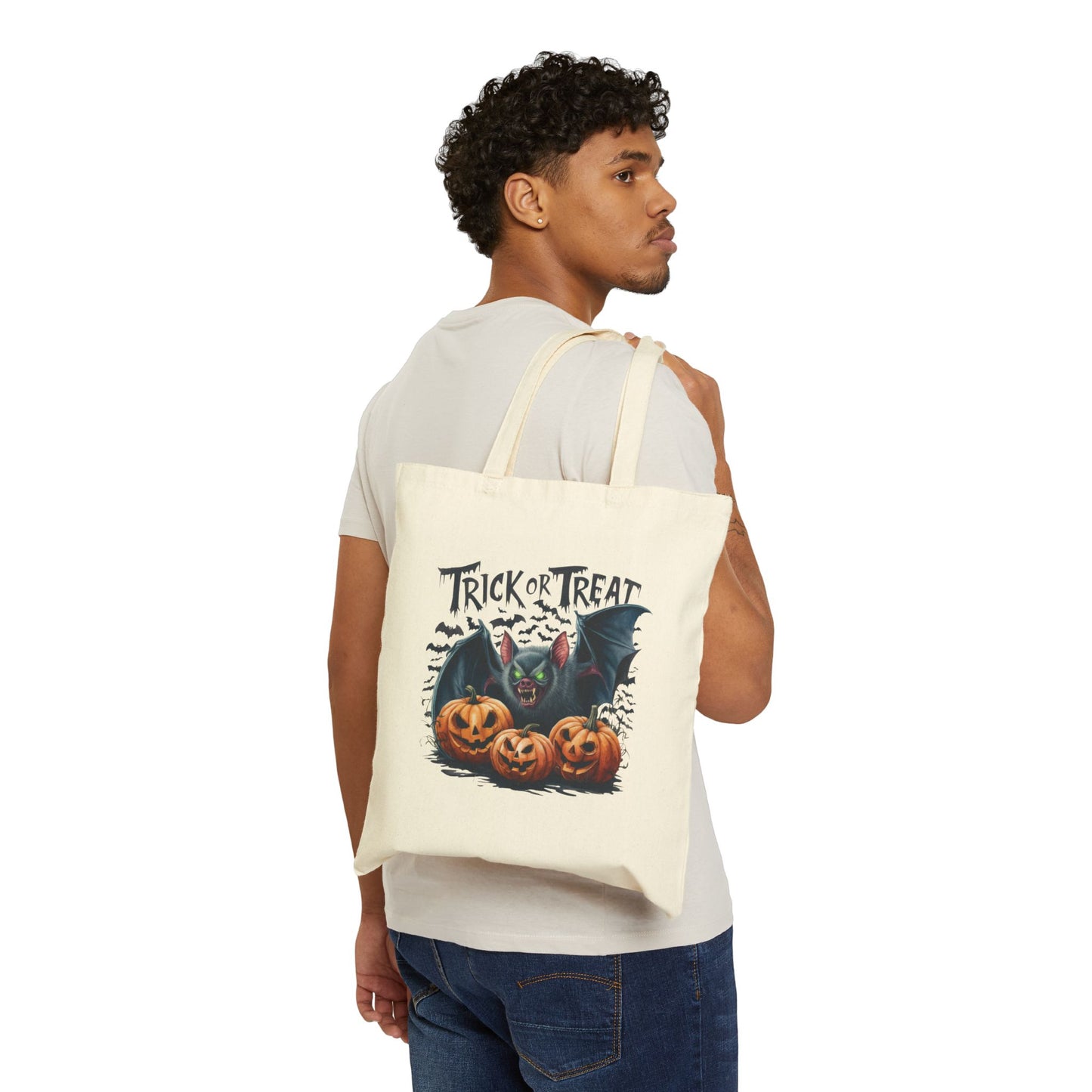 Printify Canvas Tote Bag with Trick or Treat Halloween design featuring bat and pumpkins for everyday use
