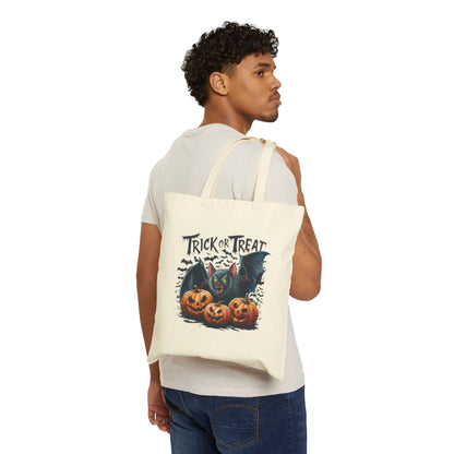 Printify Canvas Tote Bag with Trick or Treat Halloween design featuring bat and pumpkins for everyday use