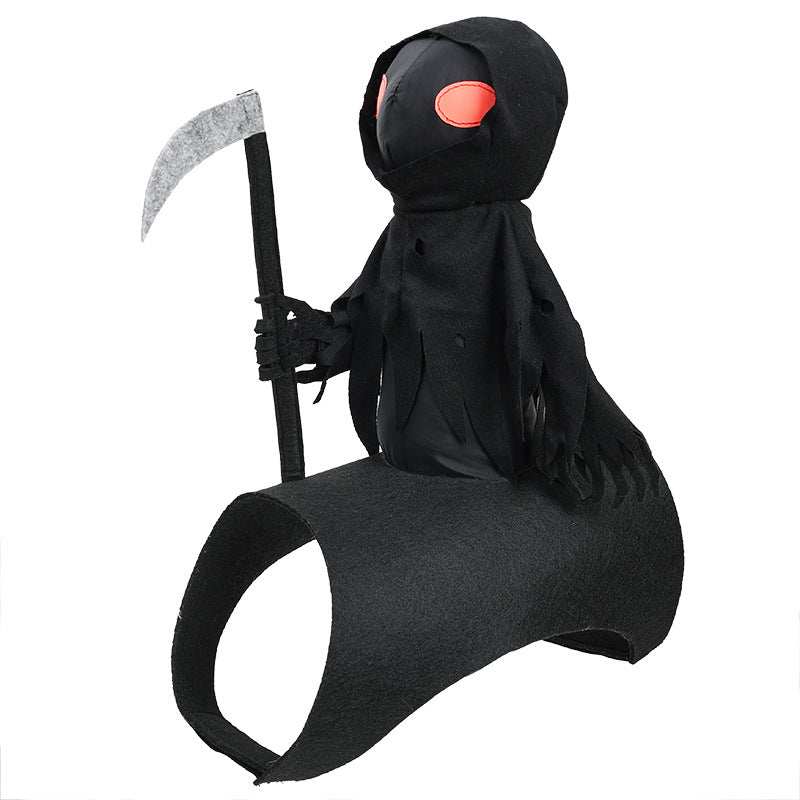 Harvest Knight Riding Outfit for pets featuring a spooky reaper design and scythe accessory