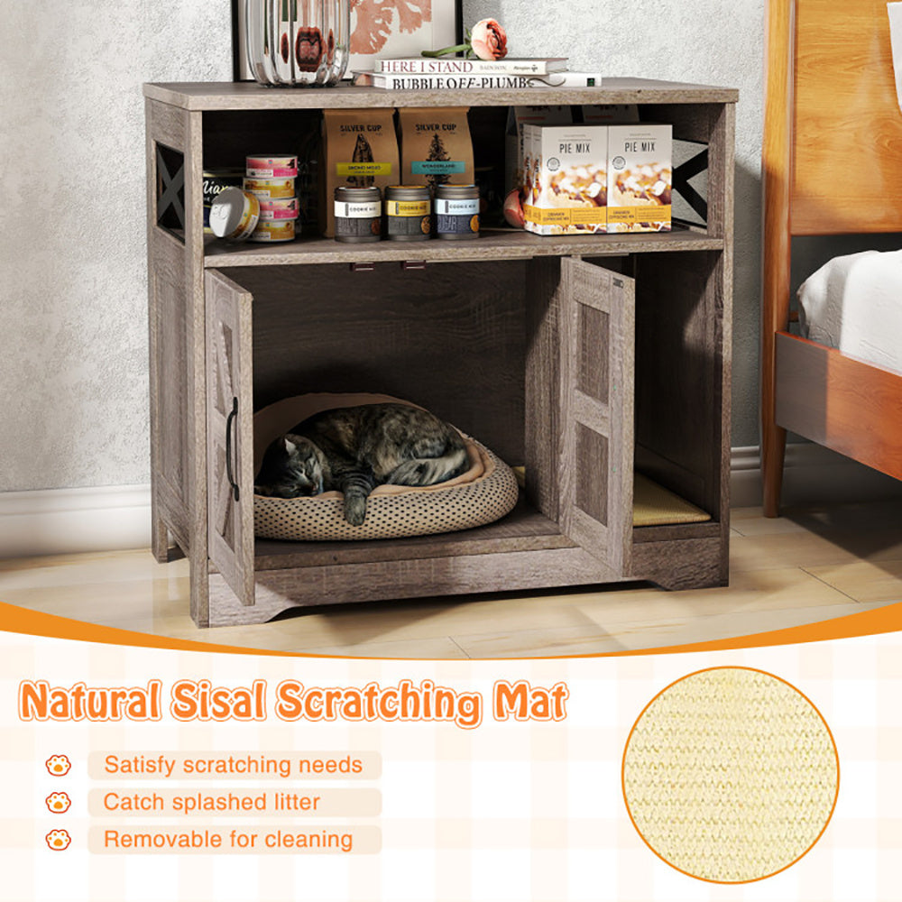 Wefulfil Hidden Cat Litter Box with natural sisal scratching mat and storage shelves in rustic wood finish