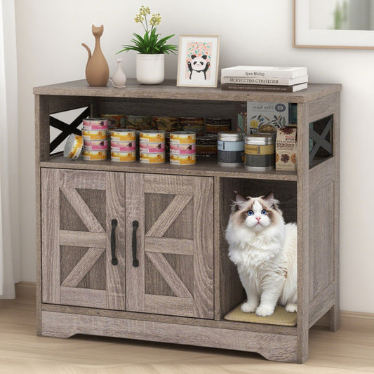 Wefulfil Hidden Cat Litter Box with rustic wood design and storage shelves, featuring a cat inside