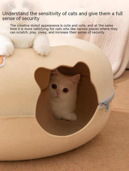Cozy cat Hide and Seek Tunnel featuring a cute donut design for secure scratching and hiding spots