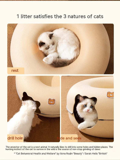 Cat playing in a soft pet bed with Hide and Seek Tunnel feature for interactive fun and rest