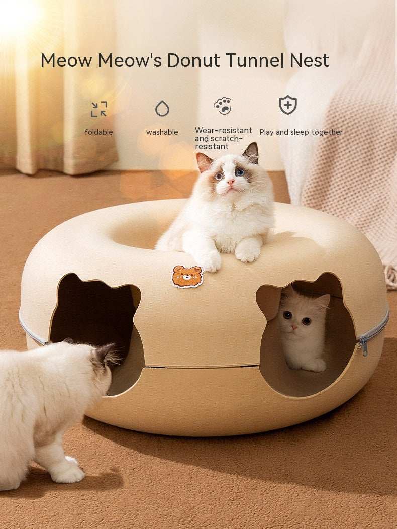 Meow Meow's Donut Tunnel Nest, a foldable and washable Hide and Seek Tunnel for playful pets
