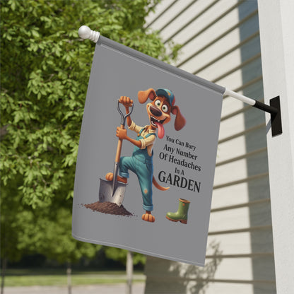 Dog Theme House Flag featuring cartoon dog gardener with shovel boot and gardening quote on gray outdoor flag
