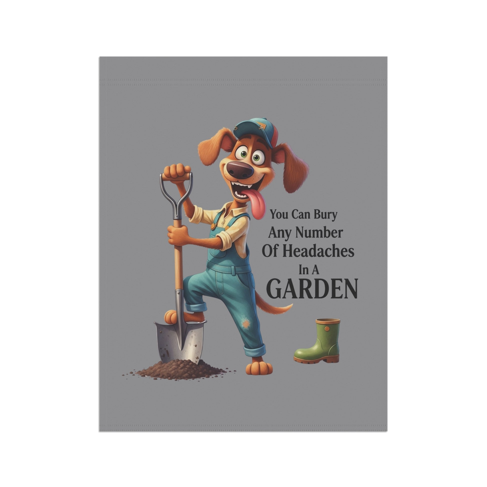 Dog Theme House Flag with cartoon dog gardener holding shovel next to rubber boot and garden quote