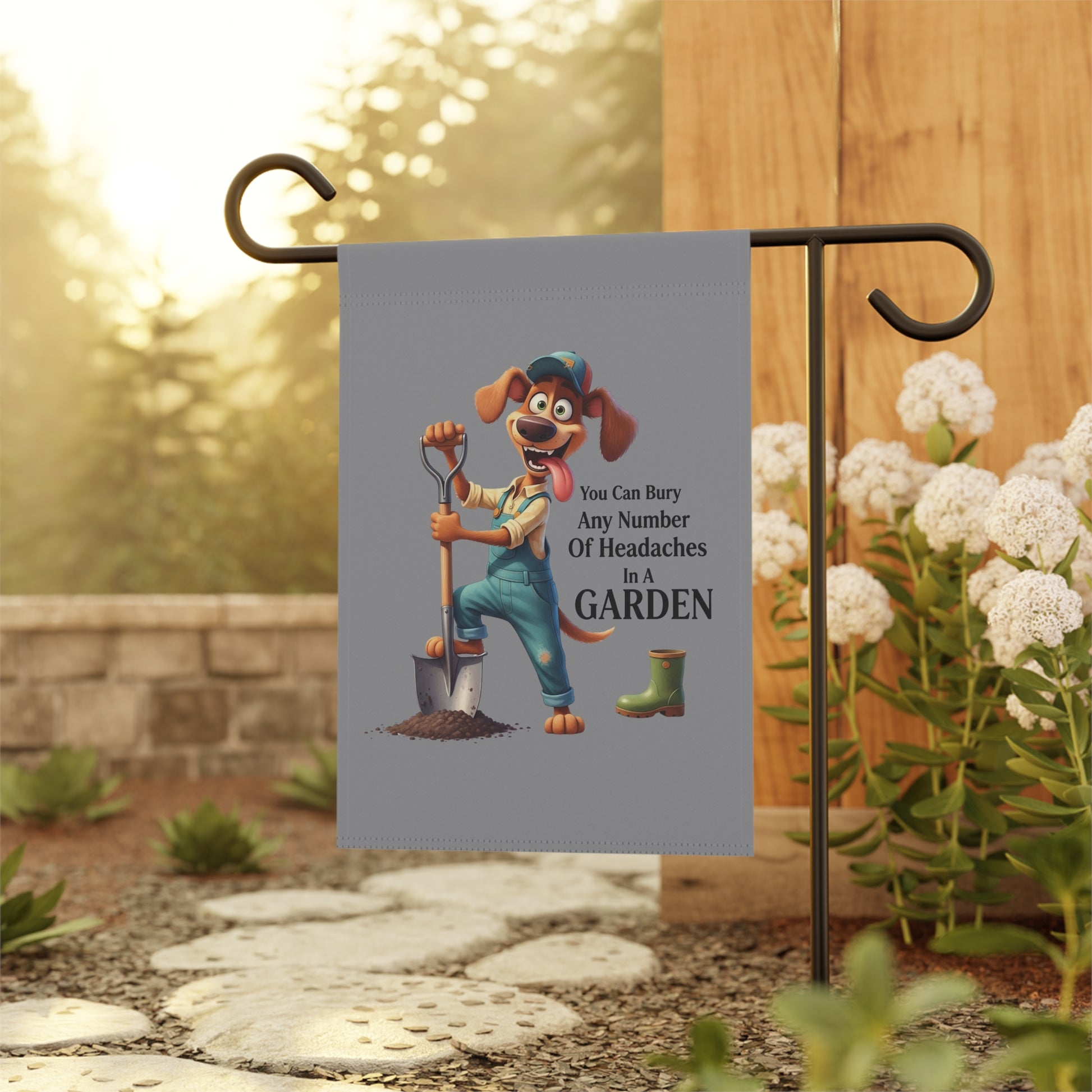 Dog Theme House Flag showing cartoon gardening dog with shovel and quote about burying headaches in garden