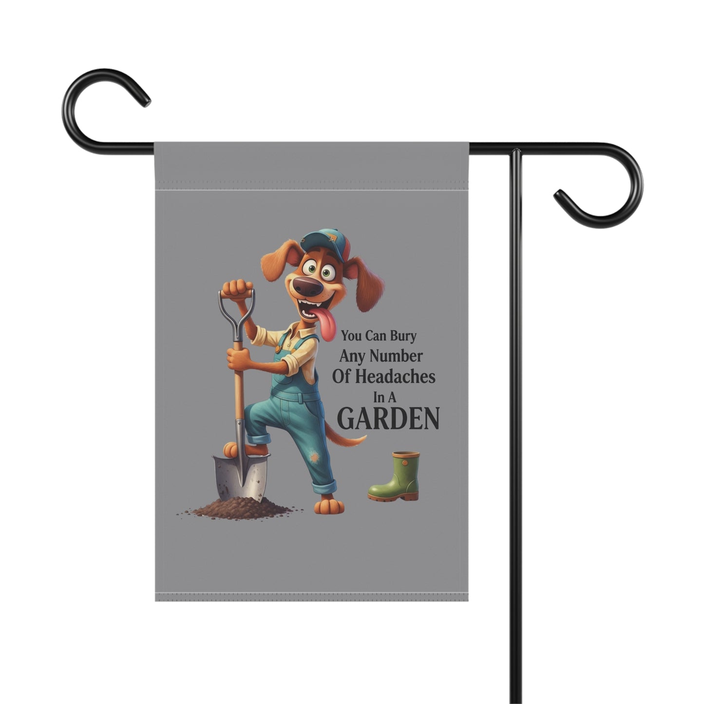 Dog Theme House Flag Printify garden flag showing cartoon dog digging with shovel and green rain boot on gray background
